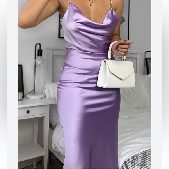 Cotton Candy satin cowl neck ruched tie gathered sides and back slip midi dress - Picture 1 of 7